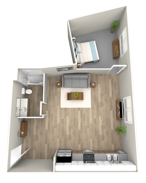 Floor plan for 1 bed, 1 bath, 580 sqft